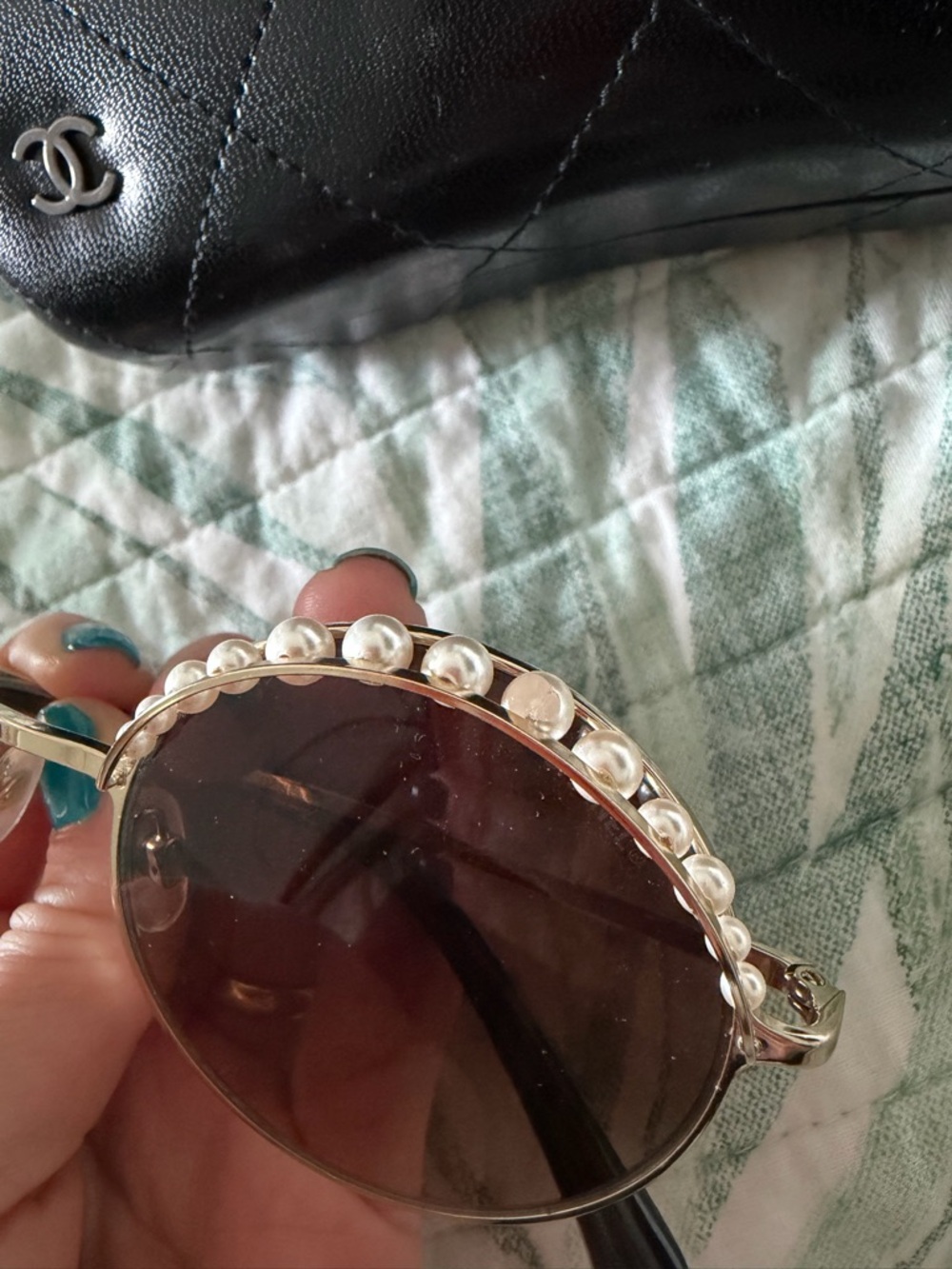 CHANEL Gold Frame Brown Lens Sunglasses with Pearl Trim - Picture 5 of 5